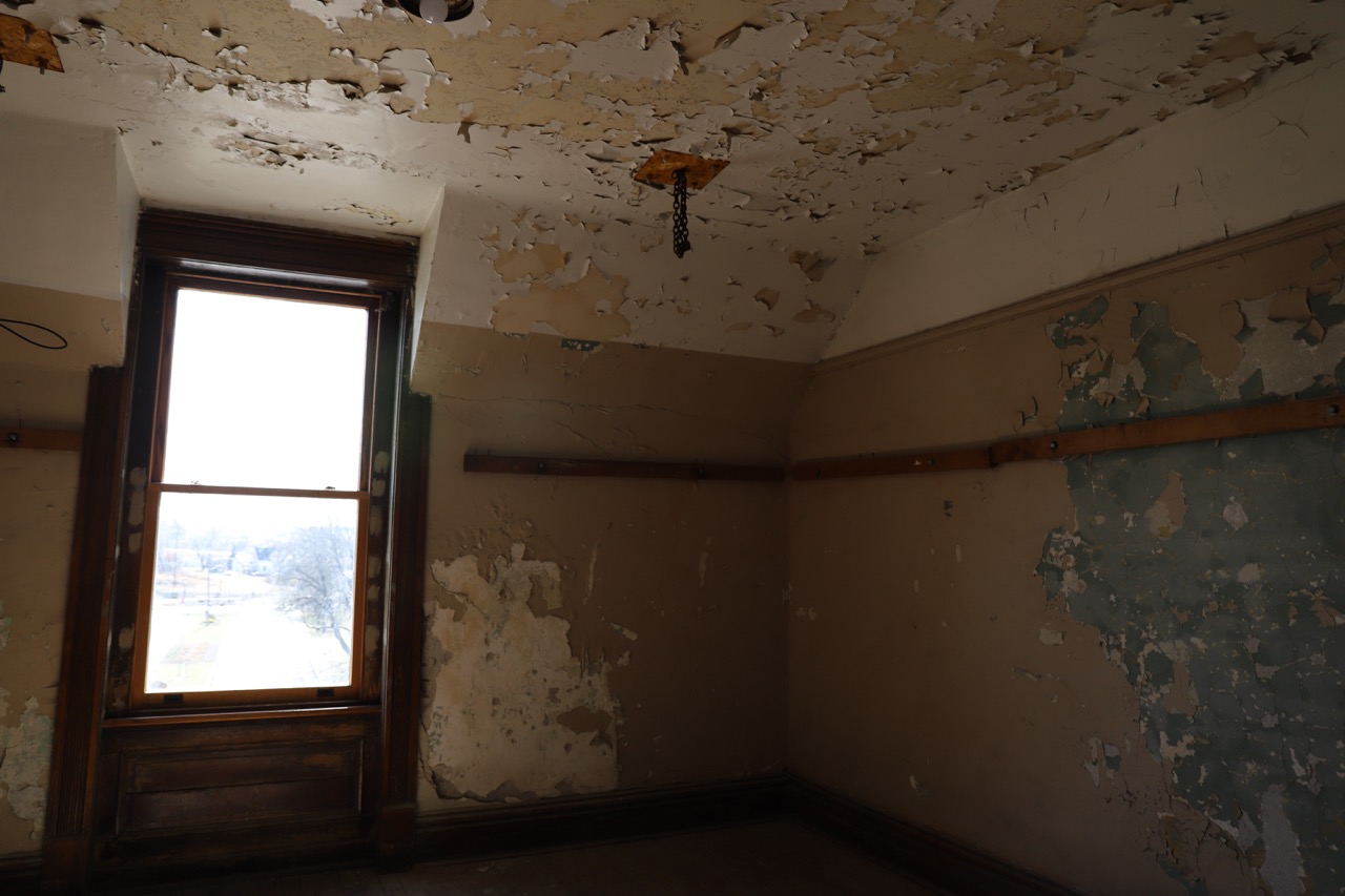 Wallpaper within a room peeling from mold damage, photo by Michael & Diane Weidner