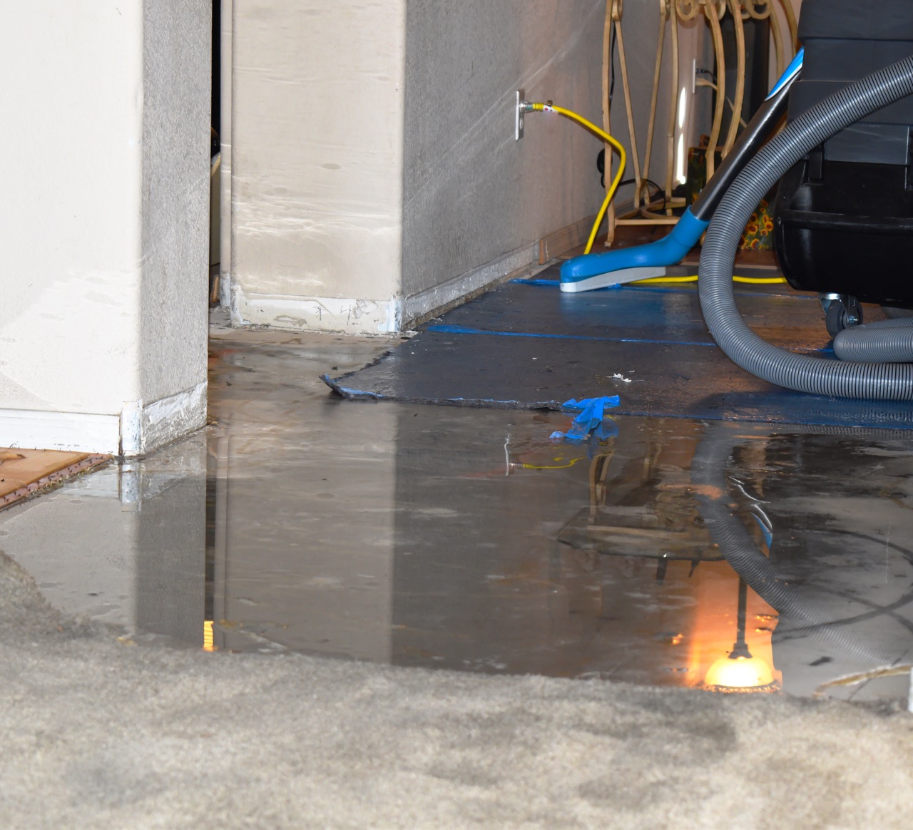 A room in the home is flooded with water from a broken water heater